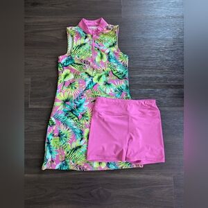 Tommy Bahama Golf Pink and Green Tropical Print Dress And Shorts Set Size Small